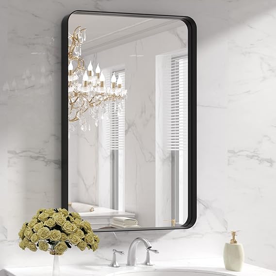 Black Round Corner Metal Frame Mirror – Adjustable Shelves – Surface or Recessed Mount - Lumens Depot