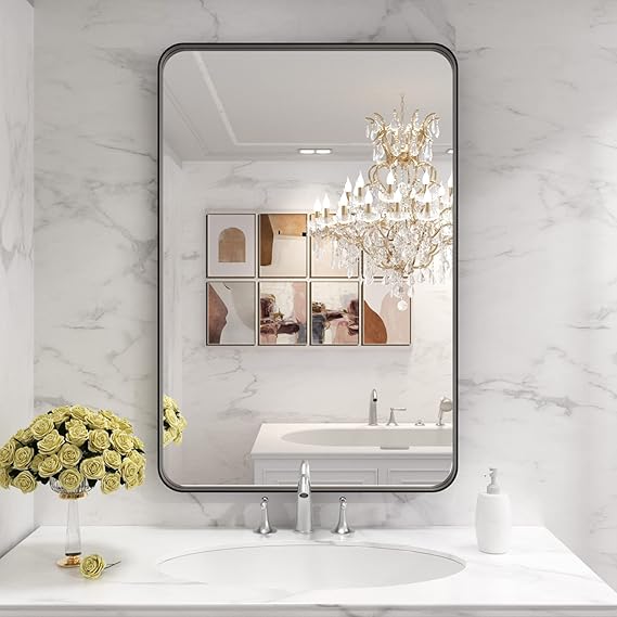 Black Round Corner Metal Frame Mirror – Adjustable Shelves – Surface or Recessed Mount - Lumens Depot