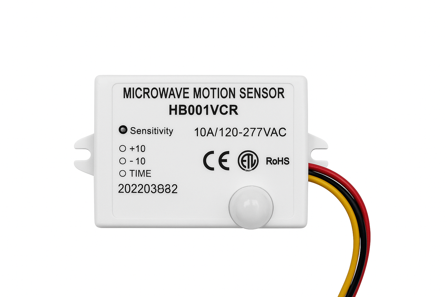 Microwave motion sensor HB001VCR with compact white housing and attached red, yellow, and black wires for LED lighting applications.
