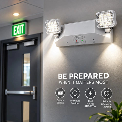 Dual LED Emergency Light with Battery Backup - Dual Voltage, 2.4W, 90-Minute Operation