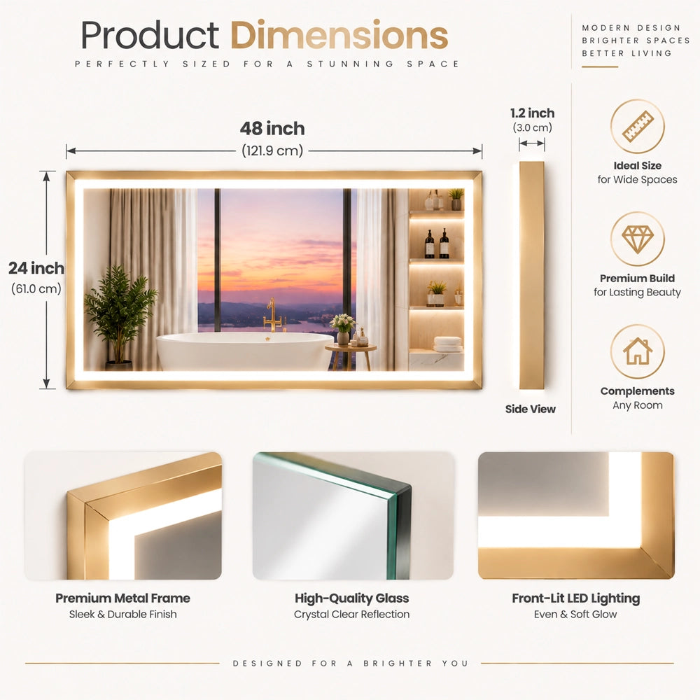 Gold Frontlit Metal Frame Mirror with LED Lighting & Modern Design