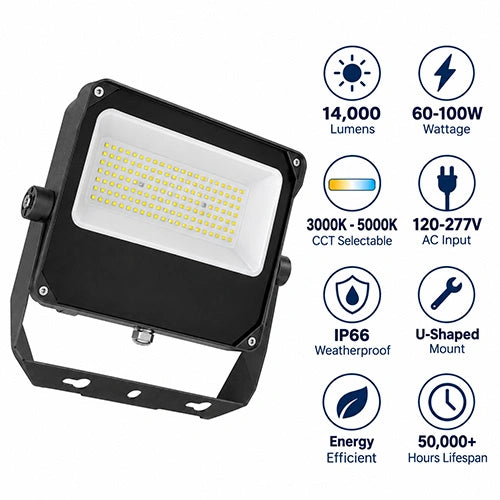 LED Flood Light with U-Shaped Mount, 60-100W, 3000-5000K, 14,000 Lumens, IP66, 120-277 VAC