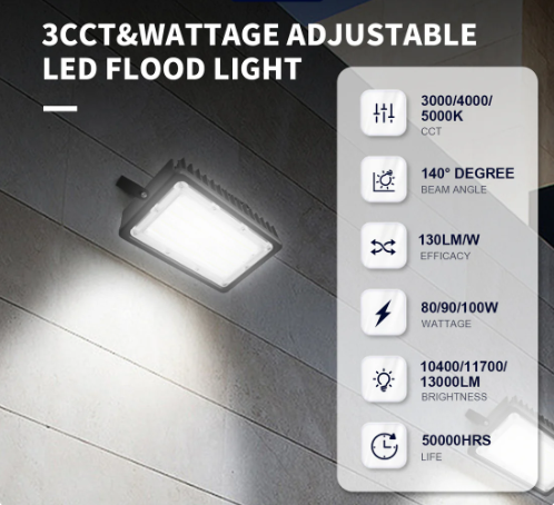 LED Flood Light with Wattage & CCT Selector, 80/90/100W, 9100-11700LM, 120-277V, UL/DLC Certified - Lumens Depot