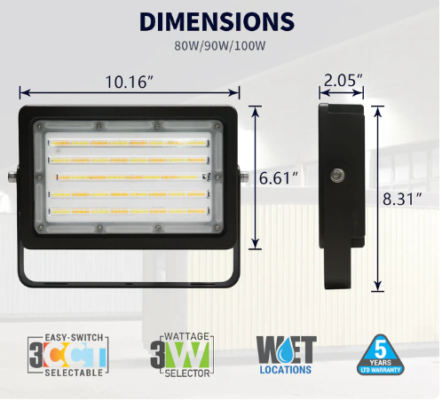 LED Flood Light with Wattage & CCT Selector, 80/90/100W, 9100-11700LM, 120-277V, UL/DLC Certified - Lumens Depot