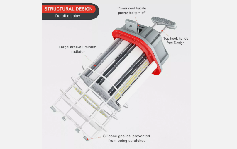 100W LED Square Temporary Work Light - Gray + Red - 14500 Lumens - 5000K - 10ft Cord - US Plug - Hanging Job Site Light with Hook - Lumens Depot