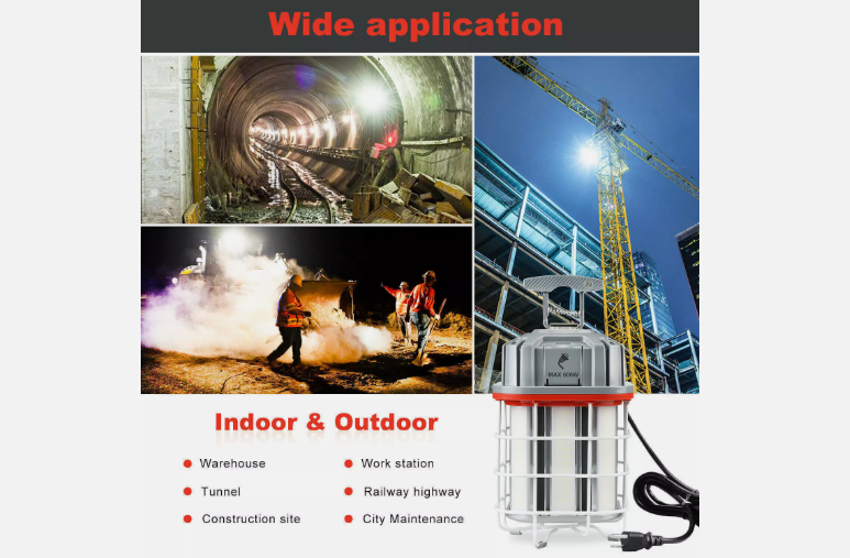 100W LED Square Temporary Work Light - Gray + Red - 14500 Lumens - 5000K - 10ft Cord - US Plug - Hanging Job Site Light with Hook - Lumens Depot