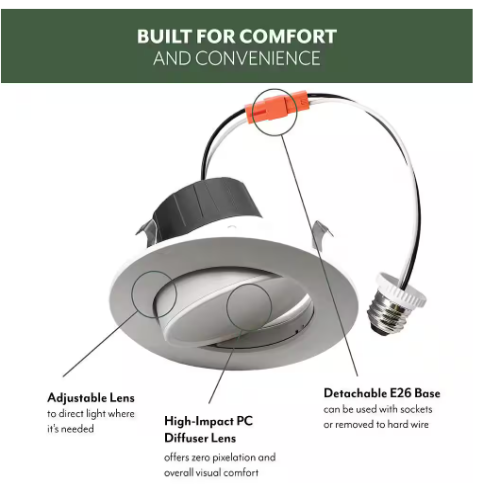 4-Inch Gimbal LED Downlight, 8W, 700 Lumens, 5CCT, 90+ CRI, Dimmable, Wet Rated - Lumens Depot