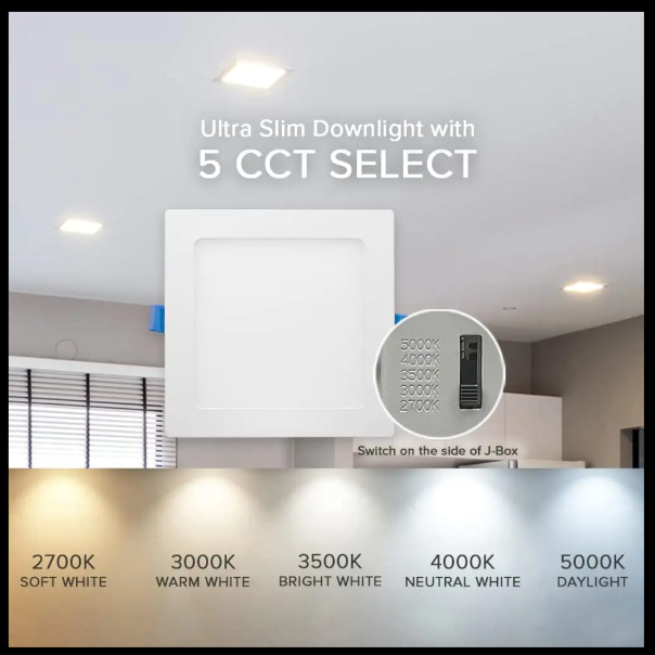 8-Inch 5CCT Square Ultra-Slim LED Downlight, 18W, 1500LM, Dimmable, Baffle Trim, ETL/Energy Star/T24 - Lumens Depot