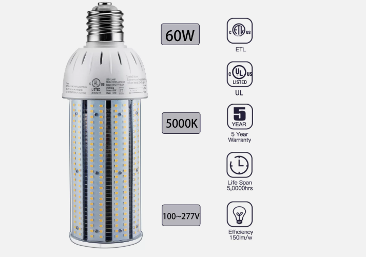 LED Corn Bulb, 60W, 6600 lumens, 5000K Daylight, E39 Mogul Base, 100-277 VAC - Lumens Depot