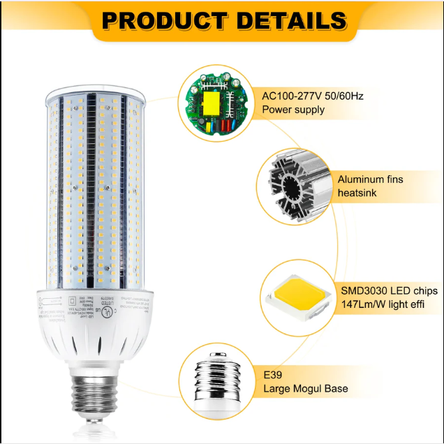 LED Corn Bulb, 54W, 250W HID Replacement, 7600 Lumens, 5000K Daylight, E39 Base, 100-277 VAC - Lumens Depot