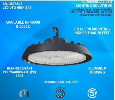 LED UFO High Bay Light, 150W/125W/100W, CCT4000K/5000K, 21,000 Lumens, 120-277 VAC - Lumens Depot