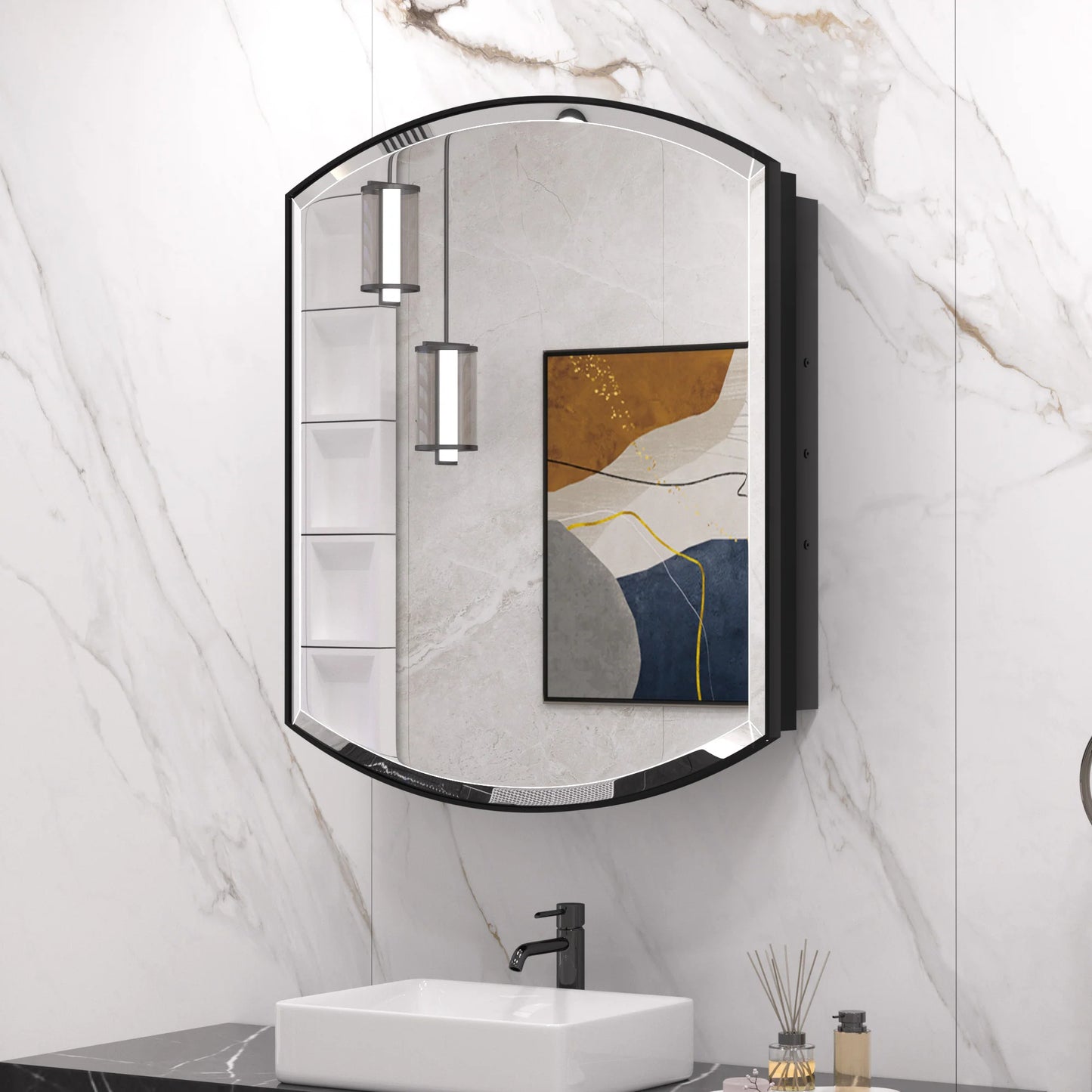 24x36 Inch Arched Black Medicine Cabinet – Wall Mounted or Recessed Bathroom Mirror - Lumens Depot