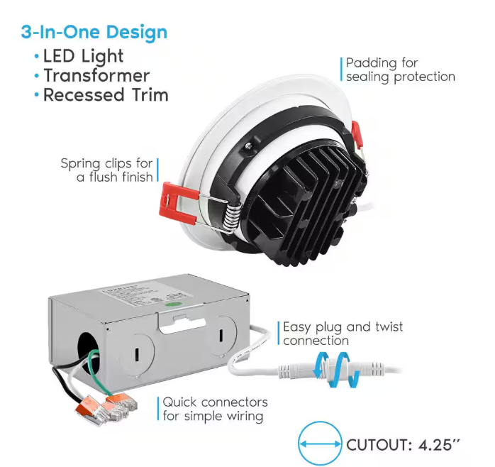 4-Inch Adjustable Swivel Canless Recessed Downlight with 5CCT Selector,120V,540 Lumens IC Rated Damp Rated - Lumens Depot