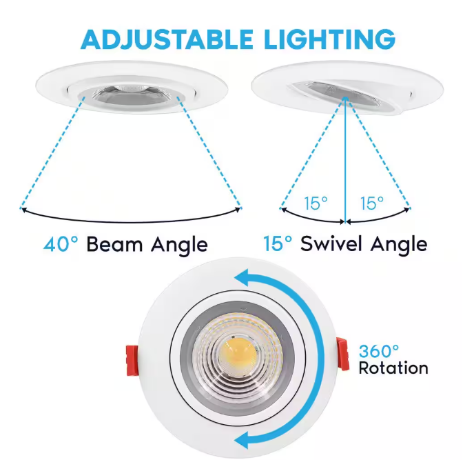 4-Inch Adjustable Swivel Canless Recessed Downlight with 5CCT Selector,120V,540 Lumens IC Rated Damp Rated - Lumens Depot