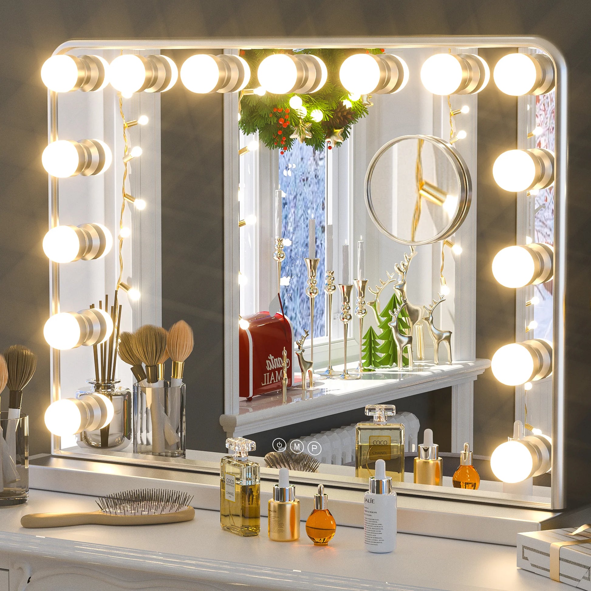18x23 Inch Hollywood Lighted Makeup Mirror with Dimmable LED Bulbs – 3 Color Modes – White Frame Vanity Mirror - Lumens Depot