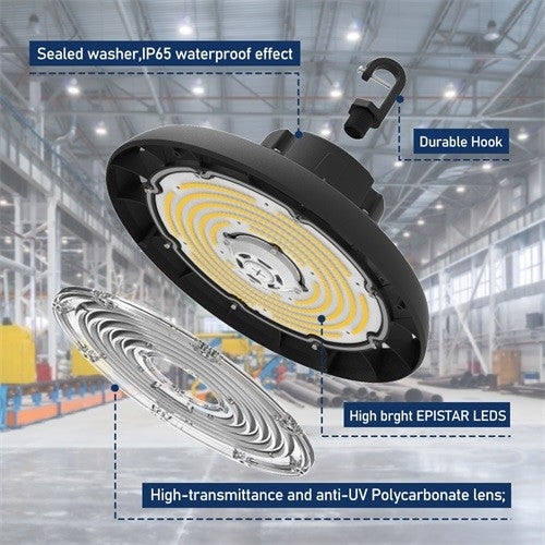 6FT Cord Dimmable Round LED High Bay Light - 240W/200W/150W - Energy-Efficient - High Lumen Output & Audio Jack Sensor Base - Lumens Depot
