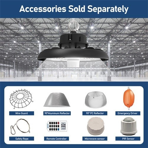 6FT Cord Dimmable Round LED High Bay Light - 240W/200W/150W - Energy-Efficient - High Lumen Output & Audio Jack Sensor Base - Lumens Depot