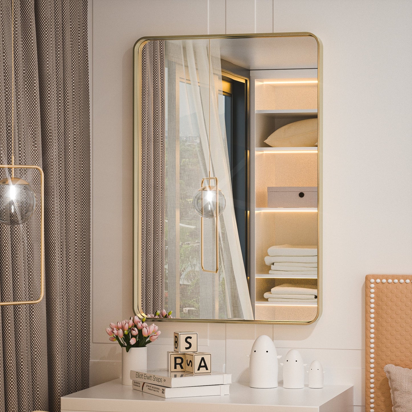 Gold Round Corner Metal Frame Mirror – Rectangular Wall Mirror with Shatterproof Glass - Vertical or Horizontal Mount – Modern Luxury Accent - Lumens Depot