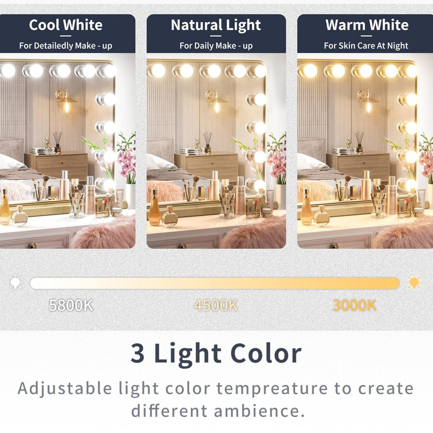 18x23 Inch Hollywood Lighted Makeup Mirror with 3-Color Dimmable LED Bulbs – Gold Vanity Mirror for Beauty and Glam Room - Lumens Depot