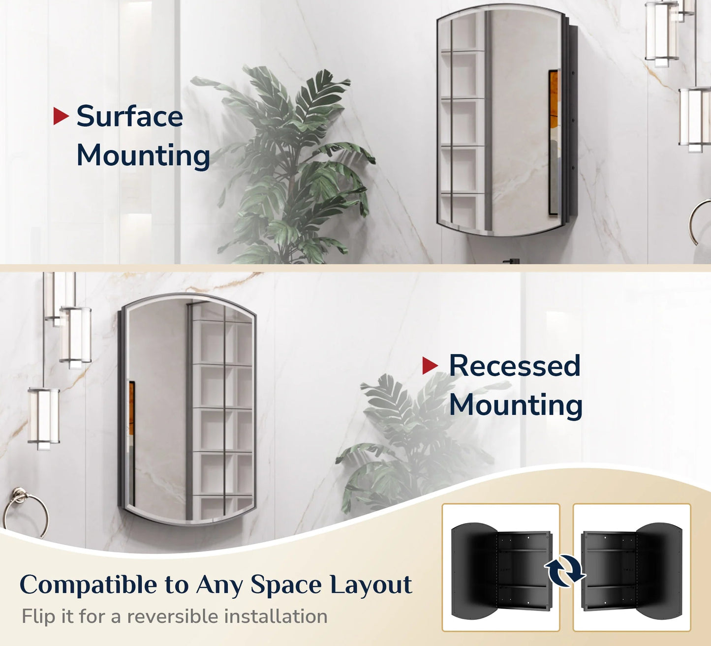24x36 Inch Arched Black Medicine Cabinet – Wall Mounted or Recessed Bathroom Mirror - Lumens Depot
