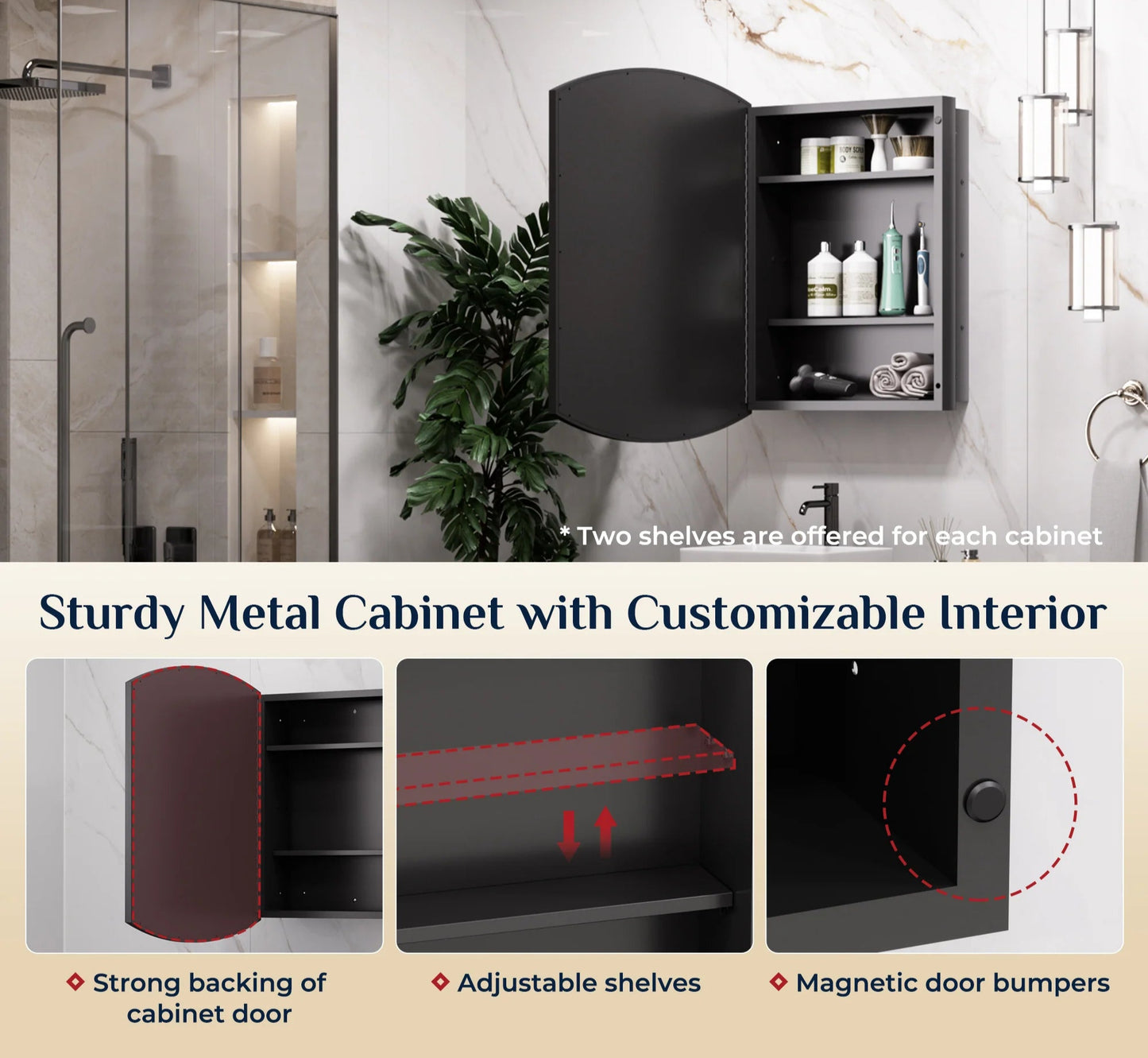 24x36 Inch Arched Black Medicine Cabinet – Wall Mounted or Recessed Bathroom Mirror - Lumens Depot