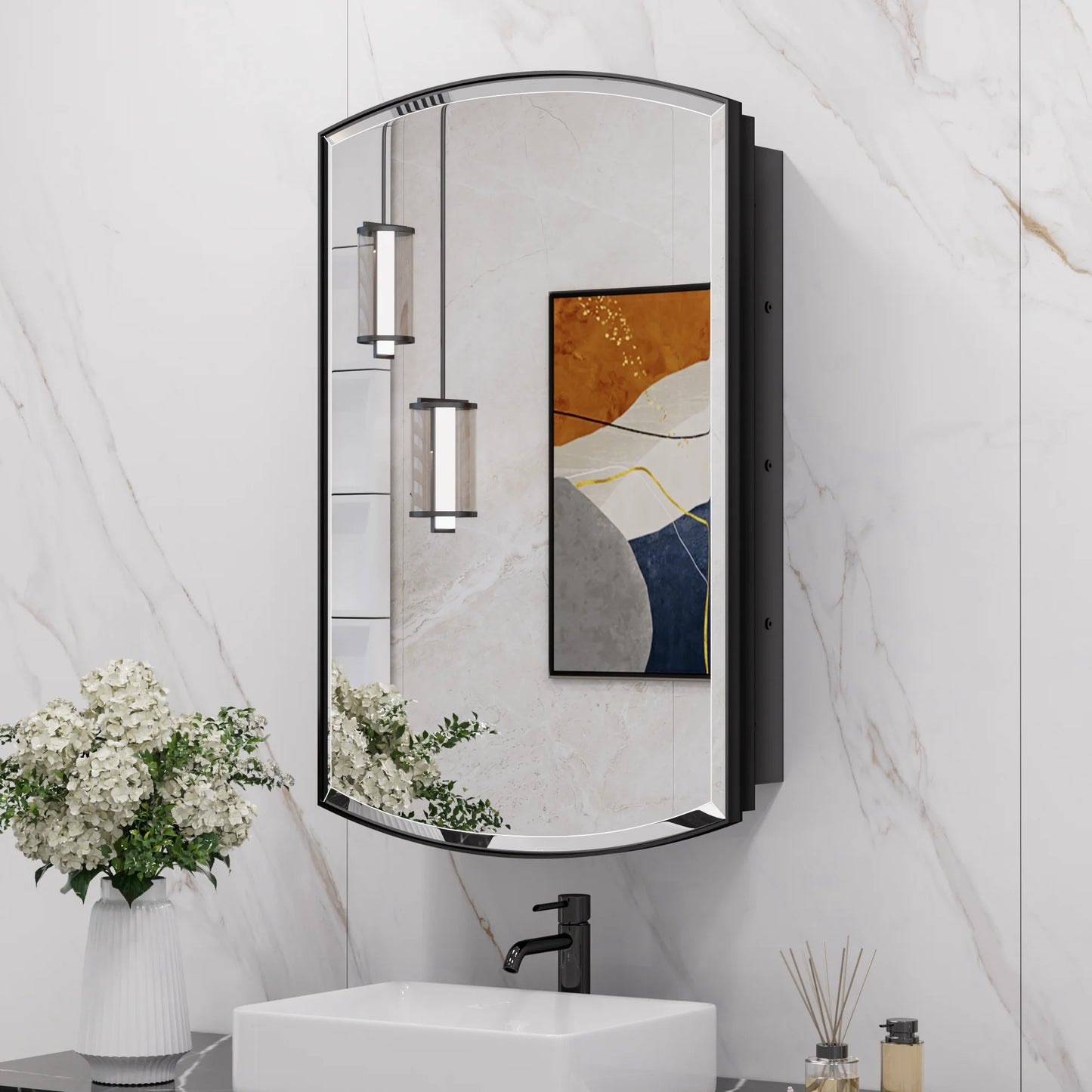 24x36 Inch Arched Black Medicine Cabinet – Wall Mounted or Recessed Bathroom Mirror - Lumens Depot