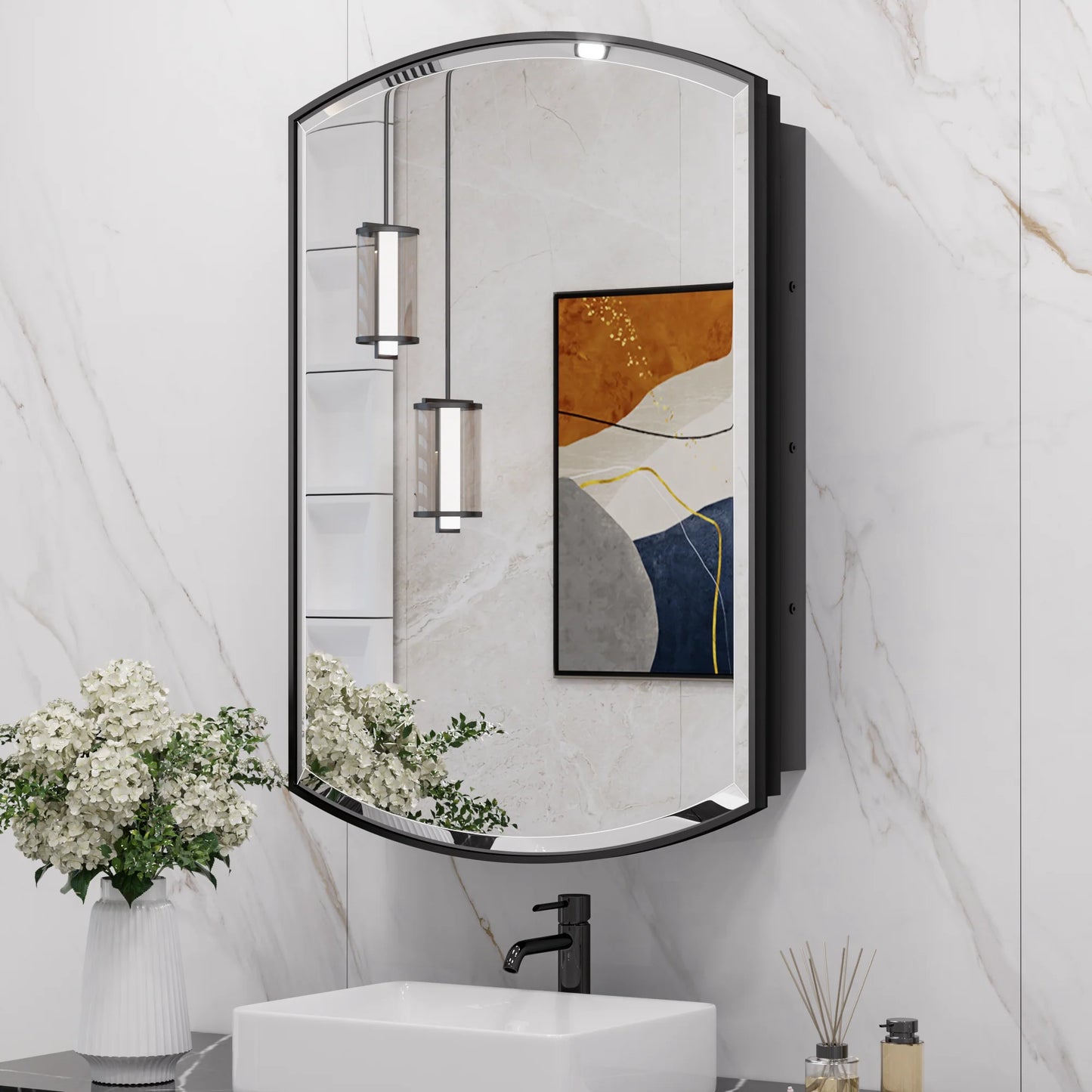 24x36 Inch Arched Black Medicine Cabinet – Wall Mounted or Recessed Bathroom Mirror - Lumens Depot