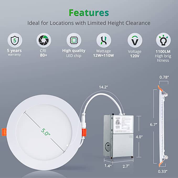 LED Recessed Downlight with Junction Box, 6 inch, 12W, 1020 Lumens, Selectable CCT 2700-5000K, 90 CRI, 120 VAC - Lumens Depot