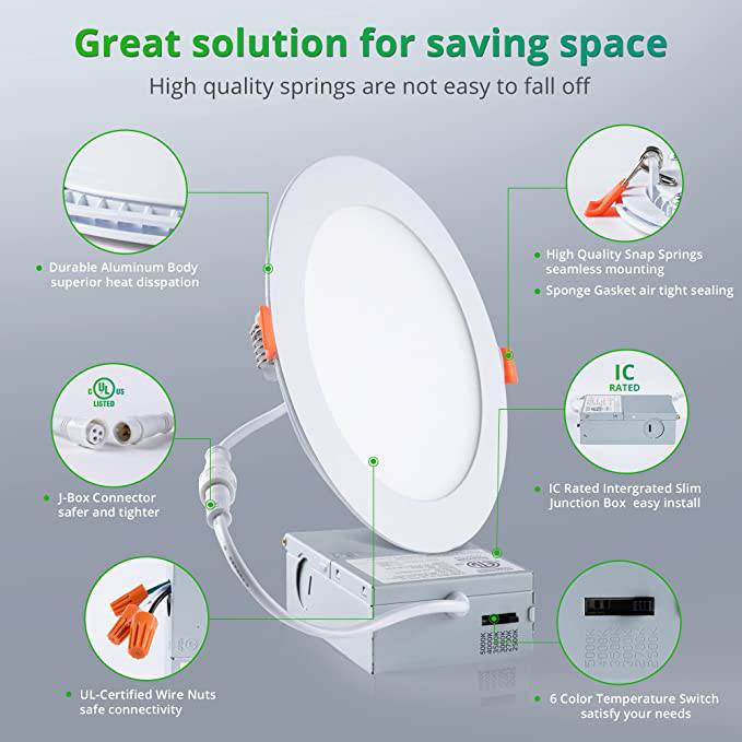 LED Recessed Downlight with Junction Box, 6 inch, 12W, 1020 Lumens, Selectable CCT 2700-5000K, 90 CRI, 120 VAC - Lumens Depot