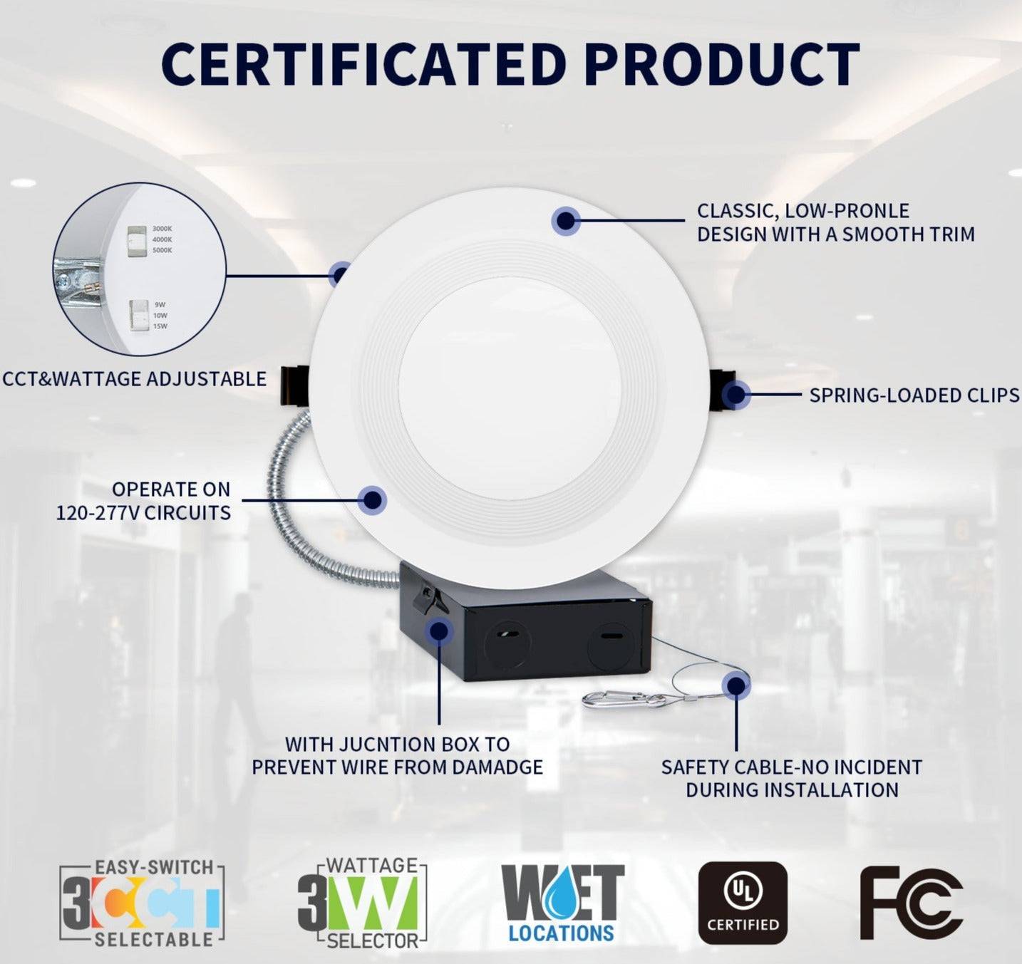 10 Inch Recessed LED Downlight with Junction Box - Selectable 3Wattage(22-35W) & 3CCT(3000K-5000K),0-10V Dimming - Lumens Depot