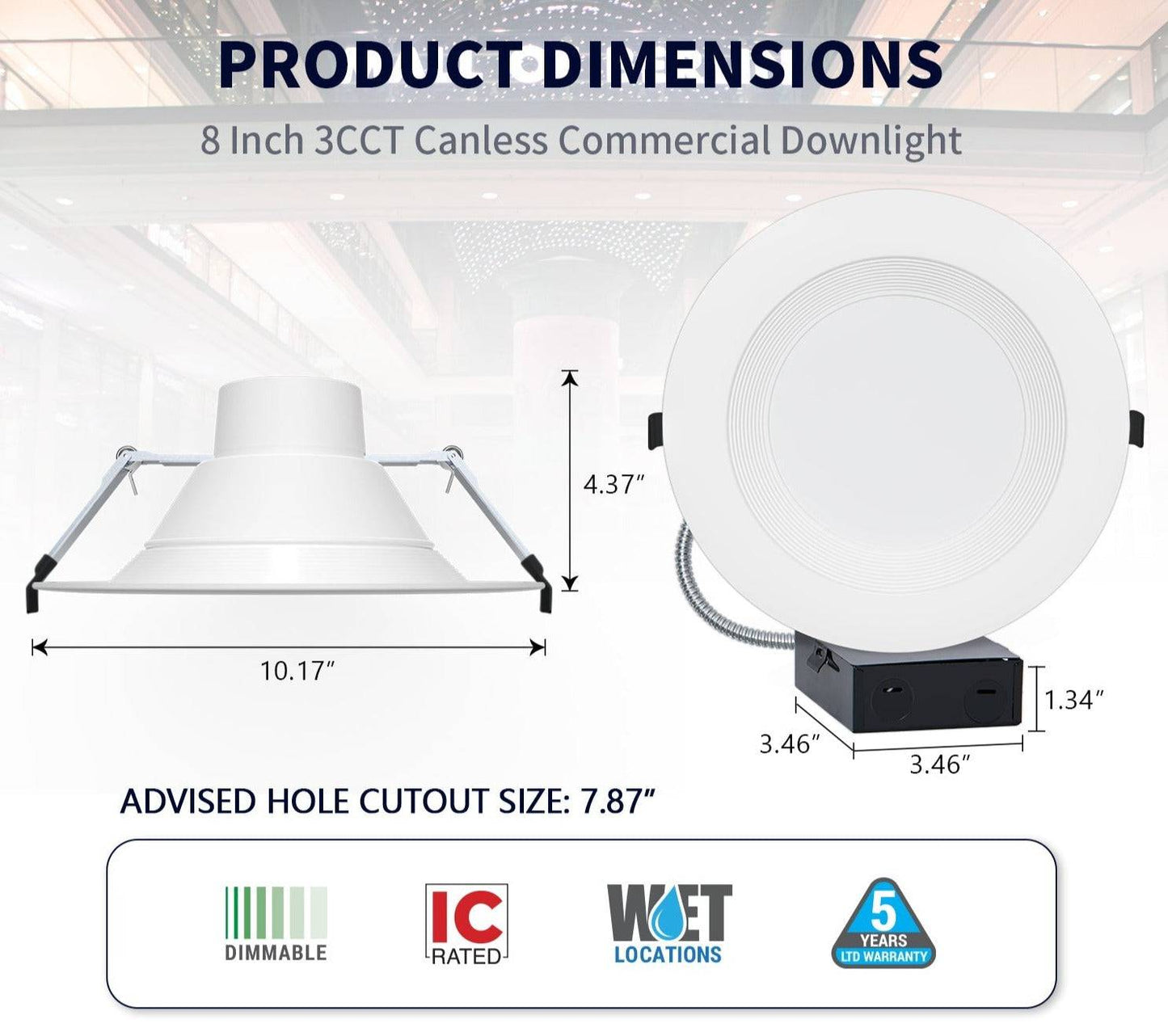 8 Inch Recessed LED Commercial Downlight with J-Box - Wattage Adjustable 16W/21W/27W, CCT Selectable (3000K/4000K/5000K ),120-277V - Lumens Depot