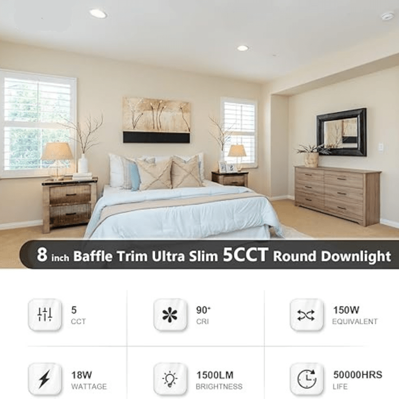 Ultra-Thin 8-Inch LED Recessed Lighting with Junction Box - 5CCT Dimmable 2700K-5000K 18W 1500lm Baffle Trim ETL Energy Star Certified - Lumens Depot