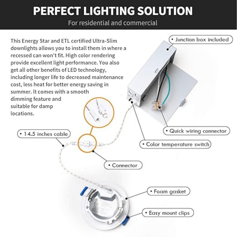 Ultra-Thin 8-Inch LED Recessed Lighting with Junction Box - 5CCT Dimmable 2700K-5000K 18W 1500lm Baffle Trim ETL Energy Star Certified - Lumens Depot