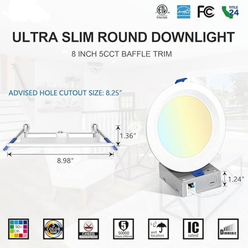 Ultra-Thin 8-Inch LED Recessed Lighting with Junction Box - 5CCT Dimmable 2700K-5000K 18W 1500lm Baffle Trim ETL Energy Star Certified - Lumens Depot