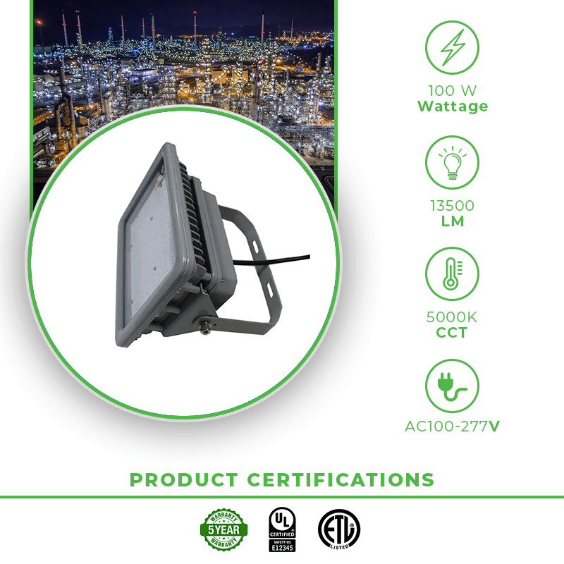 100 Watt LED Explosion Proof Flood Light, D Series, 5000K Non Dimmable, 13500LM, AC100-277V-IP66 - Lumens Depot