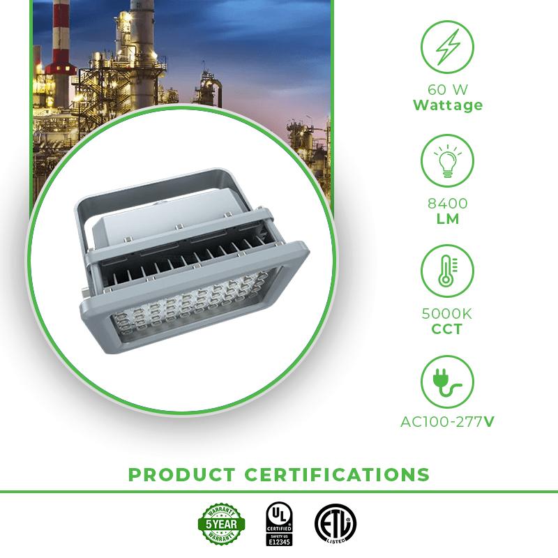 60 Watt LED Explosion Proof Flood Light, D Series, 5000K Non Dimmable, 13500LM, AC100-277V-IP66 - Lumens Depot
