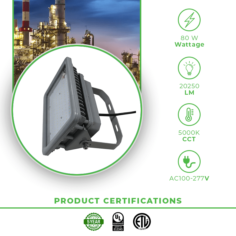 80W LED Explosion Proof Flood Light, D Series, 5000K Non Dimmable, 20250LM, AC100-277V-IP66 - Lumens Depot