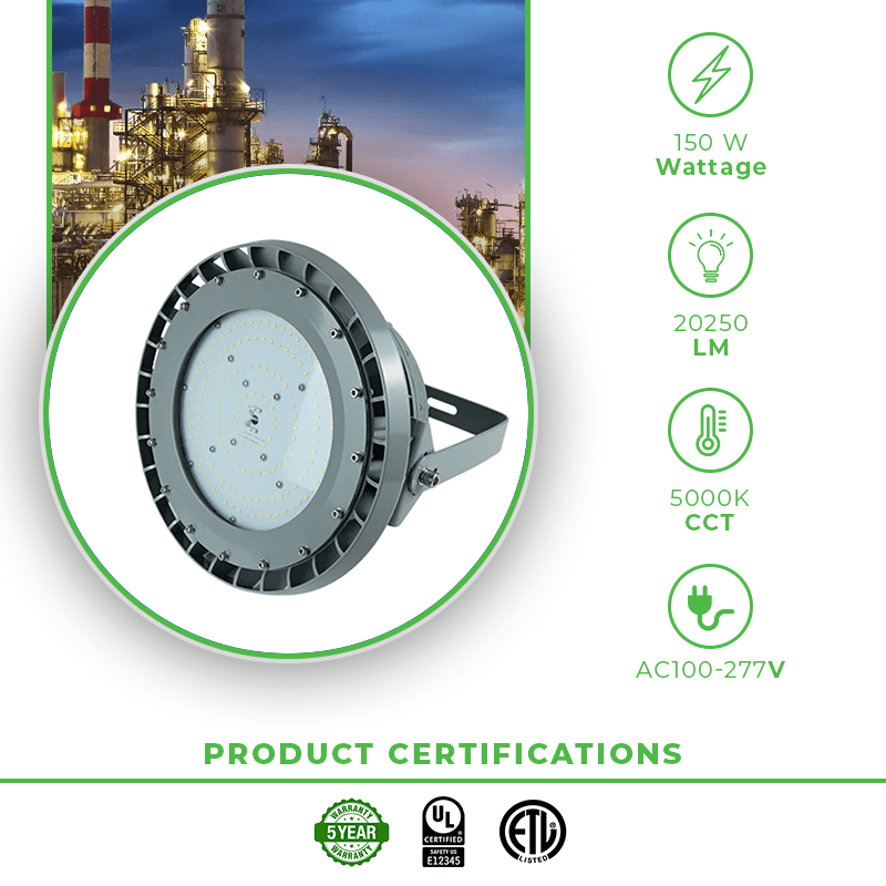 150 Watt LED Explosion Proof Round High Bay Light, B Series, 5000K- Non Dimmable, 20250LM, AC100-277V - Lumens Depot