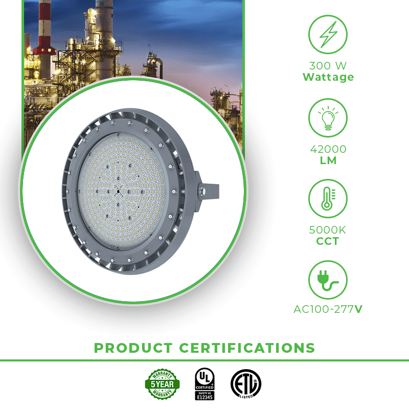 300 Watt LED Explosion Proof Round High Bay Light, B Series, 5000K- Non Dimmable, 42000LM, AC100-277V - Lumens Depot