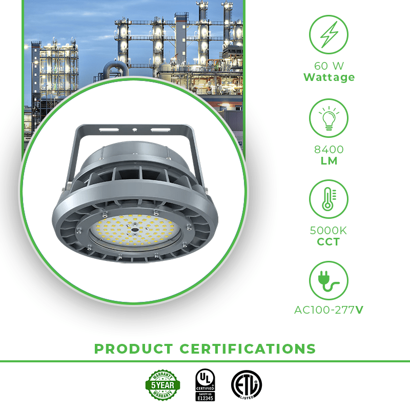 LED Explosion-Proof Light - 60 Watt LED Explosion Proof Round High Bay Light, C Series, 5000K- Non Dimmable, 8100LM, AC100-277V-IP66 - Lumens Depot