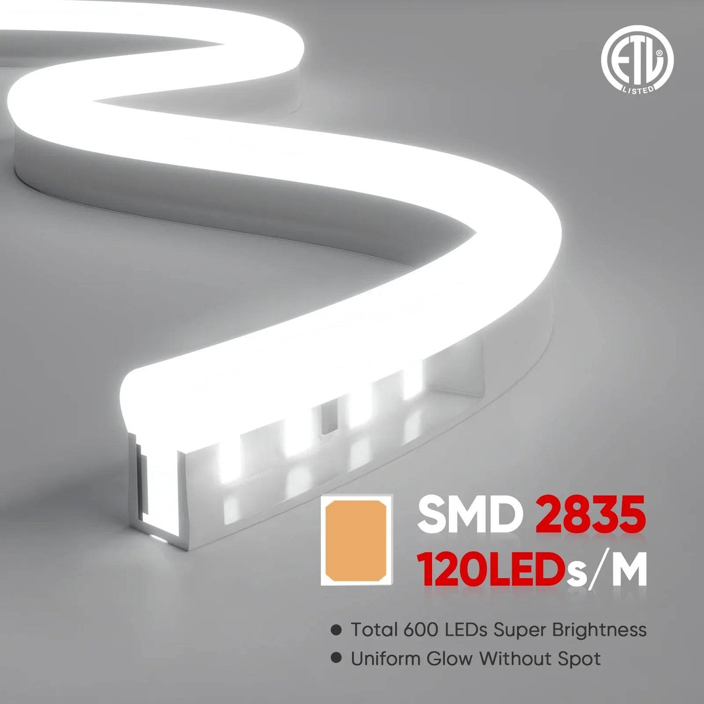 110-130V Cool White LED Neon Rope Light -6500K- 7mm x 14.5mm-7W/Meter and 220LM/W -Dimmable, Flexible, IP65 Waterproof, Cuttable for Home & Commercial Use - Lumens Depot