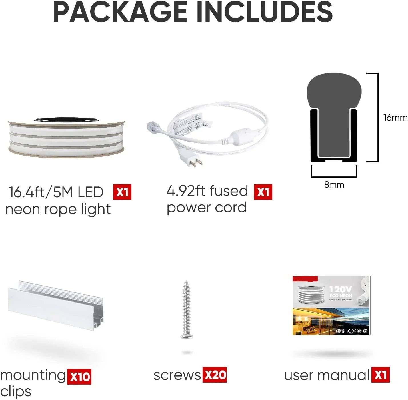 110V-120V Yellow-Amber Neon LED Rope Light - 7mmX14.5mm,Commercial Grade, IP65, 220Lm/M -Cuttable, Dimmable, ETL Listed- Plug and Play and Hardwired - Lumens Depot