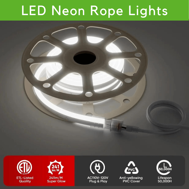 Super Bright 110V LED Neon Rope Light - 6.5W/Meter, 6300K Cool White and 226 LM/Meter - Energy Efficient Commercial LED Neon Rope Light - Lumens Depot