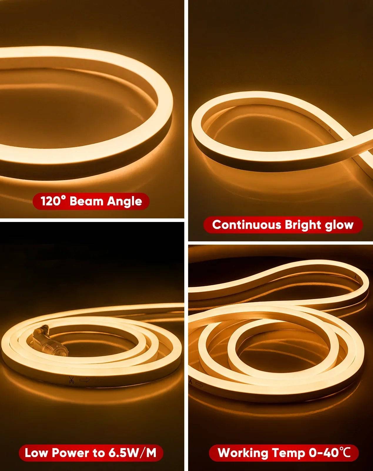 110-120V Warm White LED Neon Rope Light -2500K- 8mm x 16mm-6.5W/Meter and 226LM/W -Dimmable, Flexible, IP65 Waterproof, Cuttable for Home & Commercial Use - Lumens Depot