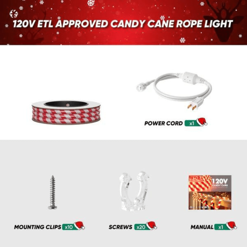 110V Candy Cane Christmas Rope Light - 2800K Warm White - Lumens Depot
