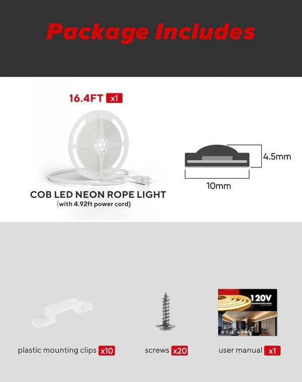 110-120V Warm White(2800K) COB LED Neon Rope(10mmX4.5mm)-Peel and Stick Tape Light, IP65 Splash Proof, Cuttable, dimmable, can hardwire - Lumens Depot