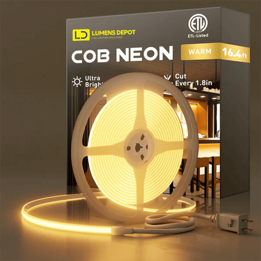 110-120V Warm White(2800K) COB LED Neon Rope(10mmX4.5mm)-Peel and Stick Tape Light, IP65 Splash Proof, Cuttable, dimmable, can hardwire - Lumens Depot