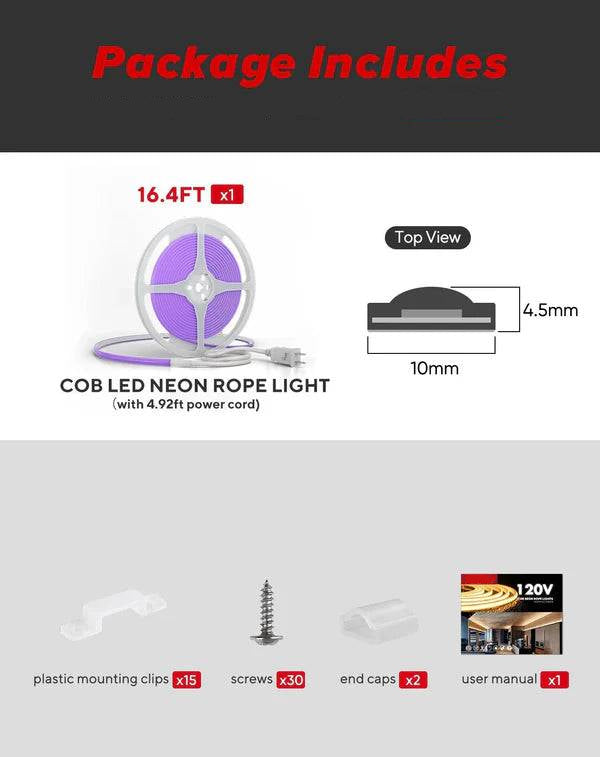 110-120V Purple COB Peel and Stick Tape Light (10mmx4.5mm),IP65, Cuttable, dimmable, flicker-free - Plug and Play and Could Be hardwired - Lumens Depot