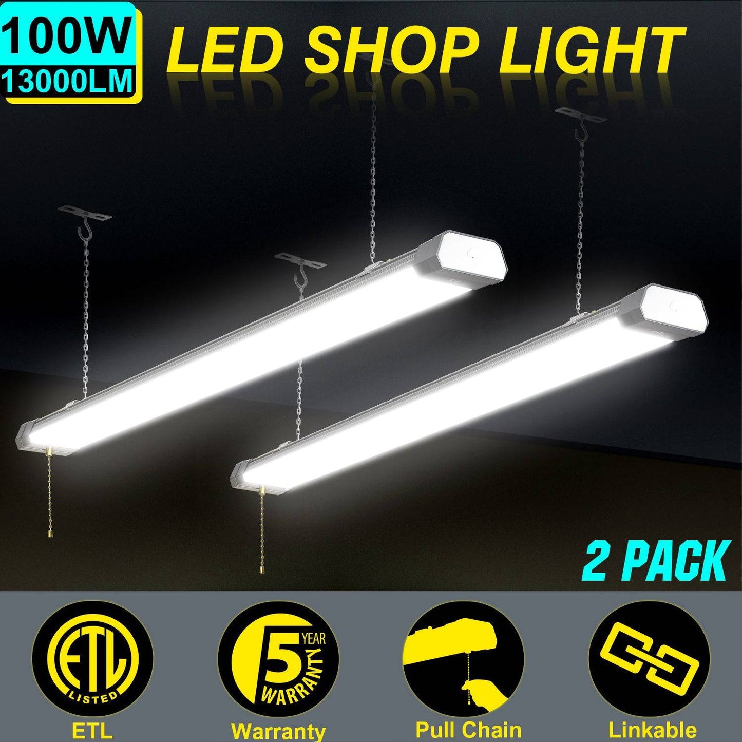 100W-4FT Linkable LED Shop Light-13000LM ,5000K-120V- ON/Off Pull Chain - Lumens Depot