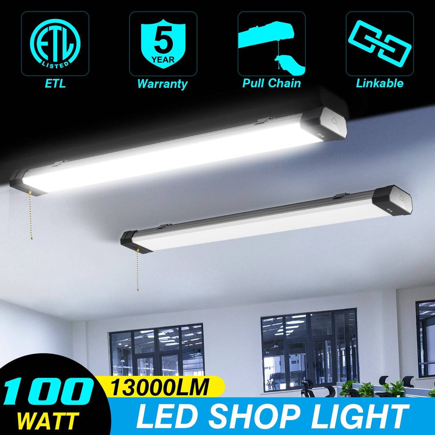 100W-4FT Linkable LED Shop Light-13000LM ,5000K-120V- ON/Off Pull Chain - Lumens Depot